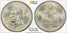 1943-Mo Ecuador 5 Sucres PCGS MS62 Silver .720 KM-79 Mint State Graded Certified picture