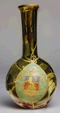 Early ca.1920 BOHEMIAN HARRACH Goldish Green ARMORIAL Enameled Gilded Glass Vase picture