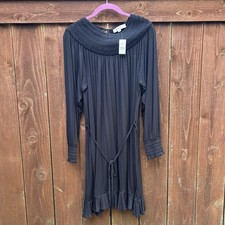 NWT LOFT Dress Womens Large Black Smocked Yoke Long Sleeve Ruffle Midi Shift picture