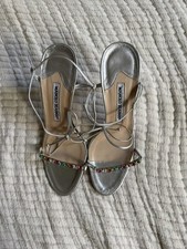 Manolo Blahnik Silver Leather Jeweled Lace Up Strappy Heel Sandals 37.5 US 7 picture