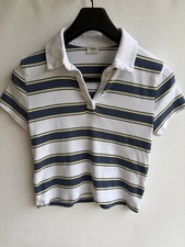 VTG Y2K Abercrombie & Fitch Striped Crop Polo Shirt Medium Blue White Yellow picture
