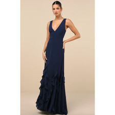 Lulus Alorna Dark Navy Sleeveless Ruffled Maxi Dress Formal Chiffon XS NWT picture