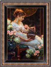 Hand Painted Oil Painting Victorian Lady Opening Treasure Box Roses Warm Light picture