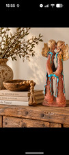 Large Kissing Angel  Sculpture – Handcrafted Terracotta Folk Art Turquoise 17