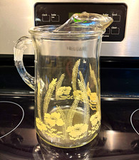Vintage Clear Glass Pitcher 2 Qt Tan Floral Pattern picture
