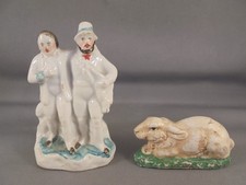 Pair Small Antique Staffordshire Pottery Figures Rabbit & 2 Men READ DESCRIPTION picture