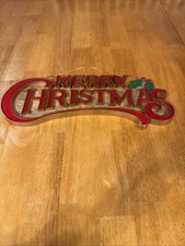 Vintage Merry Christmas Molded Plastic Wall Hang Sign Red Holly 14.5