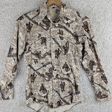 Vtg h.i.s Western Horses Rifles All Over Print Pearl Snap Shirt Sz XS Womens S picture