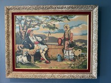 Vtg Greek Needlepoint Wall Art Pair Framed Traditional Evzone & Woman 28”x 22” picture