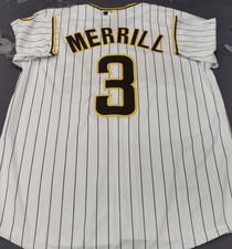 Jackson Merrill #3 SD Padres White Stripe Cool Base Sewn Stitched Jersey. picture