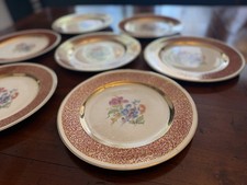 Set of 7 Vintage Harker Pottery Dresden Duchess Maroon 22K Gold 9.75” Dinner Plt picture