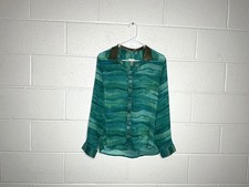 Chico’s Green/Blue Wave Pattern Sequin Collar Button Up Top picture