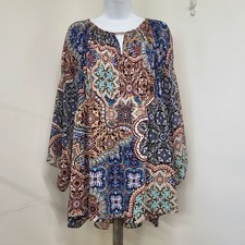 Spense Blouse Plus Size 1X Multicolor Paisley Smocked Flowy Bell Sleeve Keyhole  picture