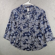 Cocomo Petite Womens Blue White Paisley Dot Print 3/4 Sleeve Blouse PM picture