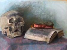 Deviant Outsider Painting on Paper MCM Human Skull Steampunk Goth Weirdo Death picture