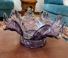 Large Fenton Art Glass 2010 Violet Lavender Purple Feathers Ruffled Footed Bowl picture
