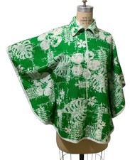 Vintage 60s/70s Women's Zip Front Hawaiian Print Cape/Poncho Shirt Top - Sz L picture