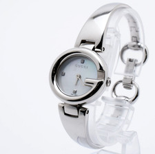 [N MINT] GUCCI Guccissima 134.5 Silver 3P Diamond White Shell Ladies Watch JAPAN picture