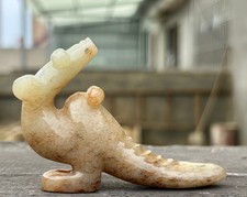 Chinese Antique Hetian Jade Dragon Statue Carved Mythical Beast Nephrite Figurin picture
