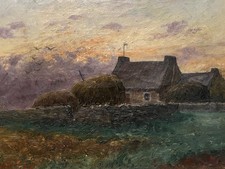 Antique French Oil Painting Framed Farm Scene At Dusk picture