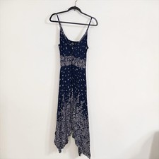 Angie Blue/White Floral A-Line Midi Dress Scoop Neck Sleeveless Rayon M picture