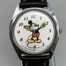 Vintage Lorus Mens Watch 33mm Mickey Mouse Dial Black Leather Disney New Battery picture