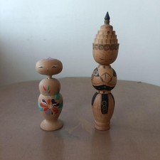 Japanese Sosaku Creative Kokeshi Doll Pair Retro Hand Painted Collectible 15+ picture