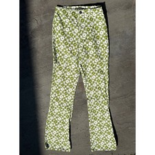 Motel Rocks Retro Floral Print Flare Pants Green White High Rise Sz XXS picture