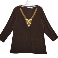 Chico's Travelers Brown Beaded Embellished Tunic Top Size 2 L Womens Blouse picture