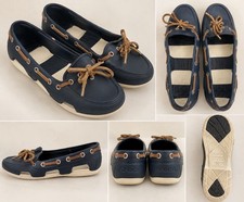Crocs Beach Line Boat Shoes Women’s W5 Navy White Brown Laces Nautical Loafers picture