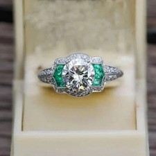 3Ct Art Deco Style Lab Created Diamond Emerald Engagement 14K White Gold FN Ring picture