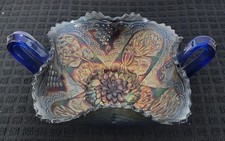 Antique Fenton Blue Carnival Glass Lotus & Grape Two-Handled Bonbon Dish c.1910 picture