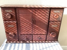 Vintage 1970s Wood Spice Rack Apothecary Cabinet Louver Shutter Doors 6 Drawers picture