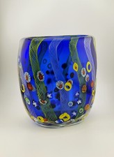 Murano Style Art Glass Vase Blue Millefiori Italian Style Hand Blown Colorful picture