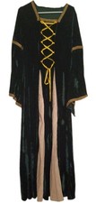 Renaissance Medieval Princess Dark Green Velvet Dress Gold Trim Bell Sleeves picture
