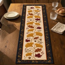Golden Ginkgo Leaf Quilted Table Runner Autumn Vine Navy Border Harvest Decor picture