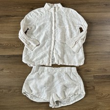 Lunya Resort Linen Cotton Silk Pajama Matching Set Sleepwear White Striped XL picture