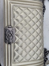 Chanel Old Medium Boy Flap Silver Metallic Gray Lambskin Quilted Handbag Bag picture
