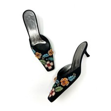 Vintage Giuseppe Zanotti Y2K Black Satin Beaded Flower Mules Kitten Heels 7.5 picture