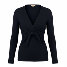Classic Kenar 100% Cashmere Black V Neck Tie Front Sweater, Size M picture