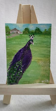 ACEO Original Peacock Purple Green Garden Bird Painting 2.5x3.5 by Jayne picture