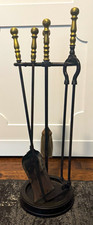 Vintage Bradley Hubbard Cast Iron Fireplace 5 Piece Set, Brass Handles w/ Stand picture