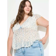 Torrid LoveSick Lace Babydoll Top Cream Blue Floral V-Neck Ribbon Tie 3 3X picture