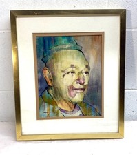Original signed vintage Cortland Butterfield clown portrait watercolor painting picture