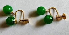 Vintage 14K Yellow Gold Green Jade Double Bead Screw Back Earrings 4.2g picture