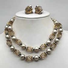 Vintage Vendome Jewelry Set Faux Pearl Gold Tone Cage RARE Signed picture