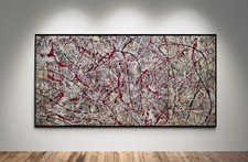 XXL Jackson Pollock Style Red Gray Yellow Textured Abstract Painting 59x30 in picture