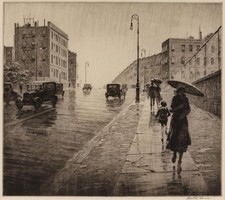 Martin Lewis : Rainy Day in Queens : Urban Street Scene Etching Art Print picture