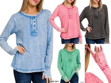 ZENANA 3319 Color Washed Henley Thumbhole top 100% CottonRaw Edge Exposed Seam picture