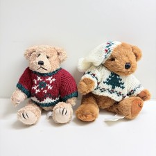 2 Vtg Chrisha Playful Plush Teddy Bears Knit Christmas Sweater Jointed 1996 picture